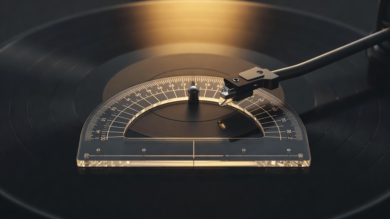 Gabarit d'alignement en acrylique posé sur le plateau d'une platine vinyle, avec le diamant positionné sur le premier point nul pour l'alignement de la cellule